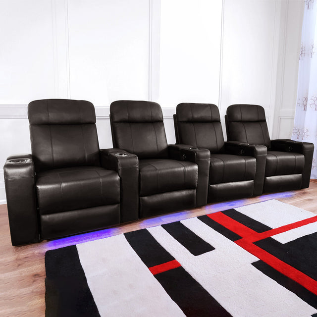 Siena Black 4-piece Top Grain Leather LED Power Reclining Home Theatre Seating T3