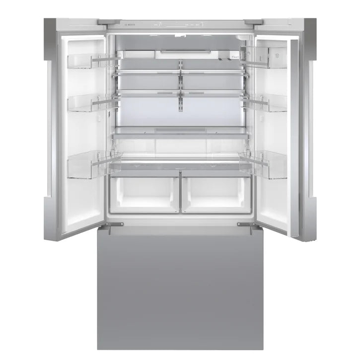 Bosch 800 Series 36in 20.8 cu ft. Stainless Steel Counter-Depth French 3-Door Refrigerator with dual compressors and evaporators and Interior Water Dispenser