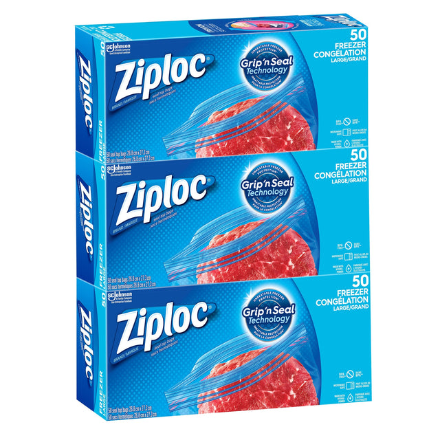 Ziploc Brand Large Freezer Bags, 3 packs of 50 G0
