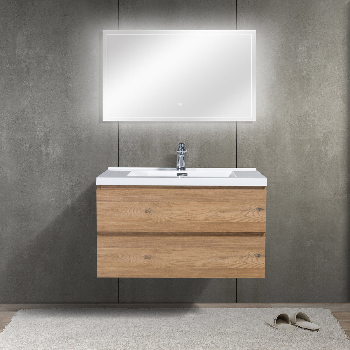 SERA CAPRI Textured Oak Finish Wall-Hung Vanity with Glossy White Polymarble Countertop