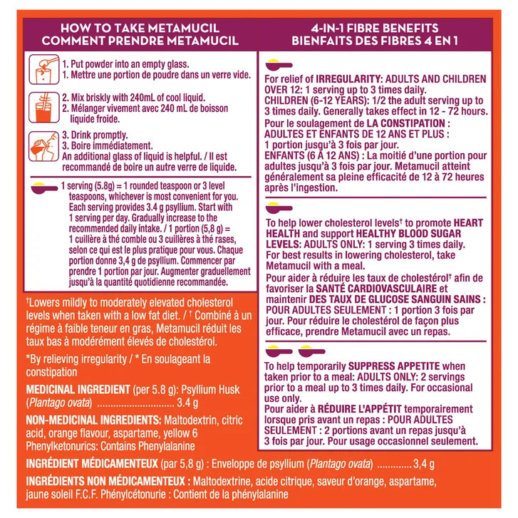 Metamucil 4 in 1 MultiHealth Fibre Supplement Powder Sugar-Free, Orange, 2 x 114 doses