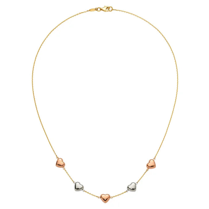 High Polish Hearts Necklace in Tri-colour Gold