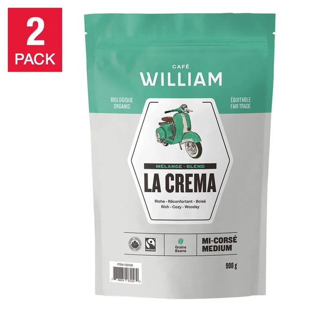 Café William La Crema Whole Bean Organic Fair Trade Coffee, 2 x 908 g O5