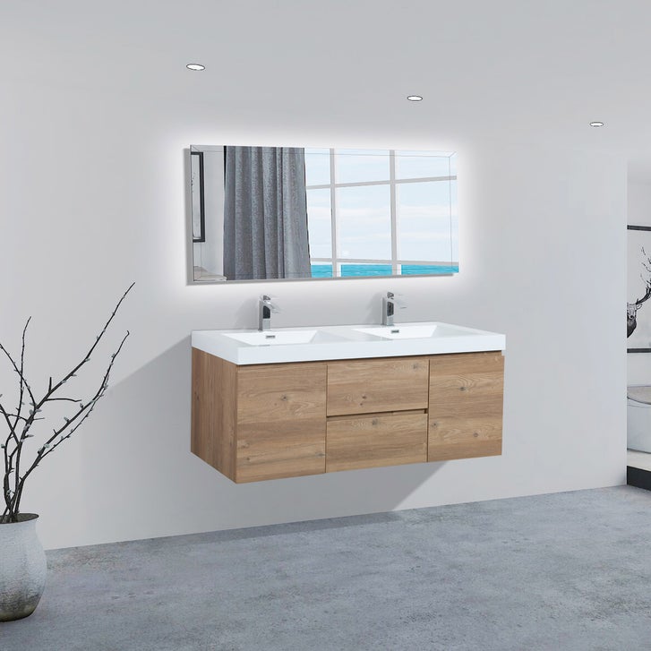 SERA CAPRI Textured Oak Finish Wall-Hung Vanity with Glossy White Polymarble Countertop