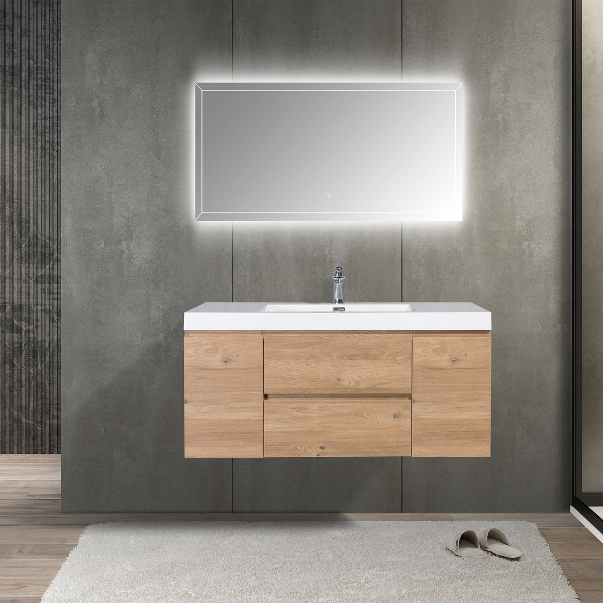 SERA CAPRI Textured Oak Finish Wall-Hung Vanity with Glossy White Polymarble Countertop