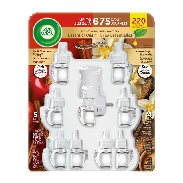 Air Wick Scented Oil Plug-in Apple Cinnamon Medley and Brown Sugar & Vanilla, 1 Warmer And 9 Refills U8