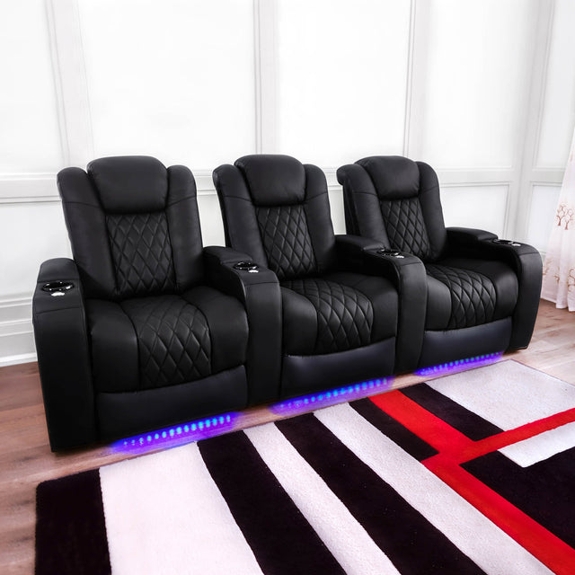 Pavillion II 3-piece Top Grain Leather Power Reclining Home Theatre Seating, Black D7
