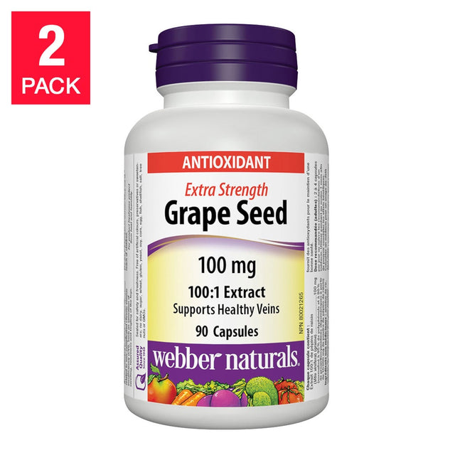 webber naturals Extra Strength Grape Seed 100:1 Extract 100 mg Capsules, 90-count, 2-pack D6