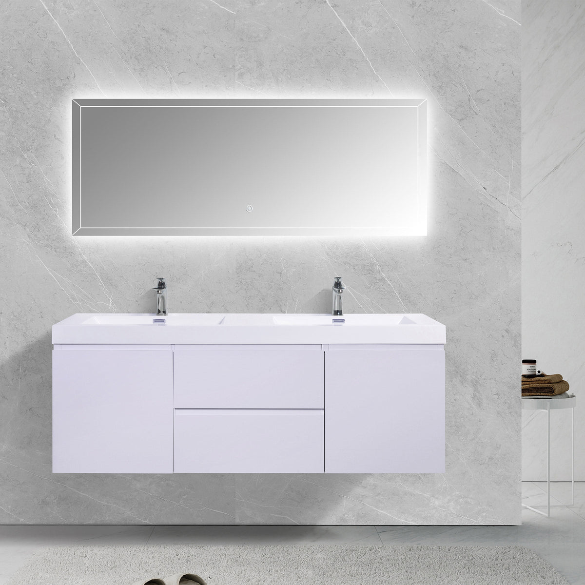 SERA CAPRI Glossy White Wall-Hung Vanity with Glossy White Polymarble Countertop