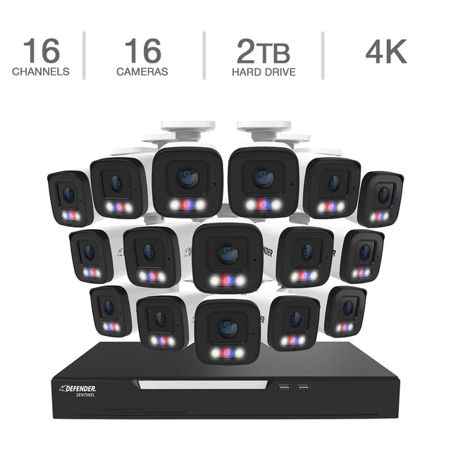 Defender AI POWERED Sentinel 4K Ultra HD Wired 16 Channel PoE NVR Security System with 16 Metal Cameras with 2 TB HDD R2