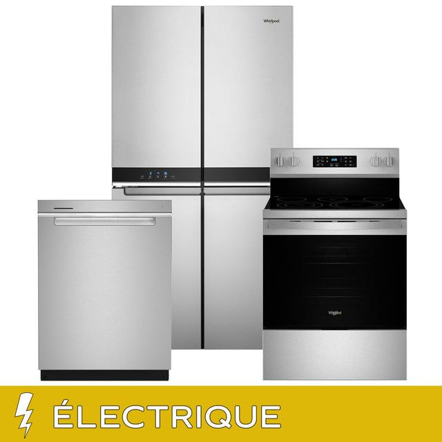 Whirlpool Kitchen Suite with Stainless Steel 36 in. 19.4 cu ft. Counter Depth 4 Door Refrigerator, 30 in. 5.3 cu ft. Electric Range and 24 in. Dishwasher B0