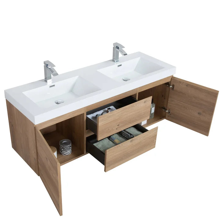 SERA CAPRI Textured Oak Finish Wall-Hung Vanity with Glossy White Polymarble Countertop