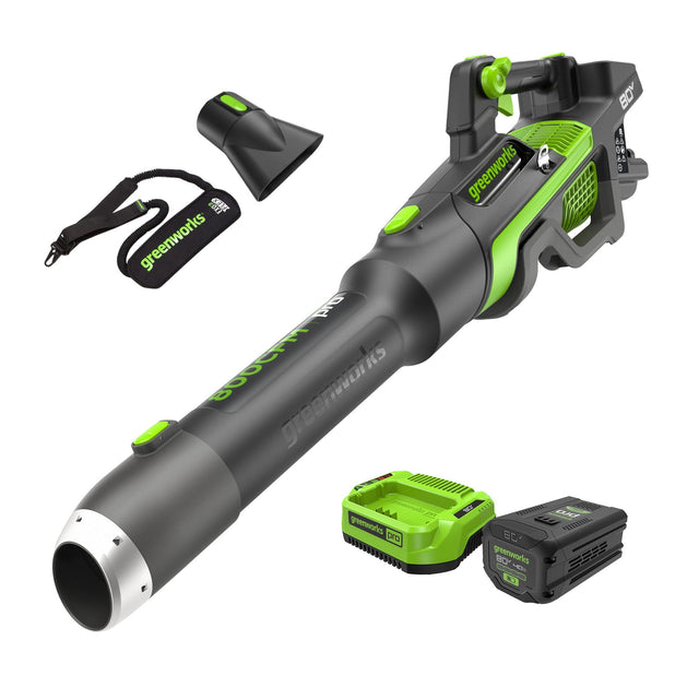 Greenworks 80V 800CFM 200 MPH Blower, Includes (1) 4Ah Battery, 2A Charger and Premium Shoulder Strap G0