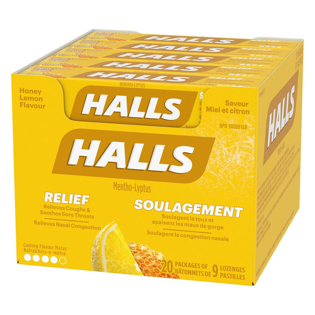 Halls Honey Lemon Flavour Cough Drops, 20 × 9 lozenges U1