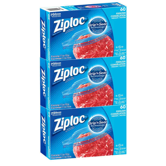Ziploc Brand Medium Freezer Bags, 3 packs of 60 L6