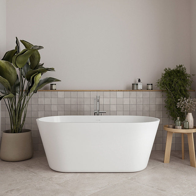 Streamline 59 in. Freestanding Bathtub with Expandable Bamboo Bathtub Caddy O5