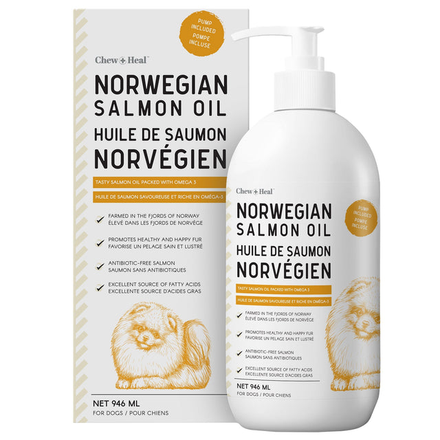 Chew + Heal Norwegian Salmon Oil Supplement for Dogs, 946 ml with Pump Y0