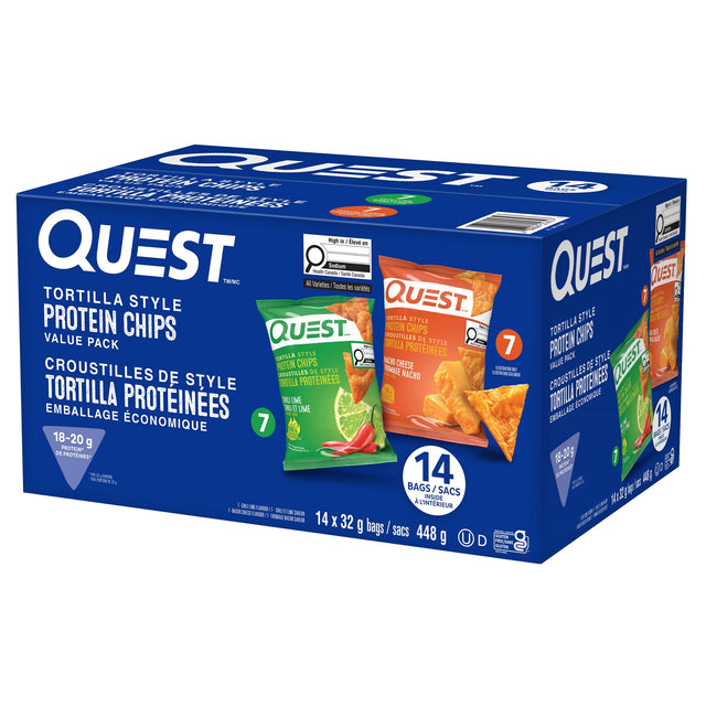 Quest Tortilla Style Protein Chips, Nacho Cheese & Chili Lime Flavours, 14 × 32 g L6