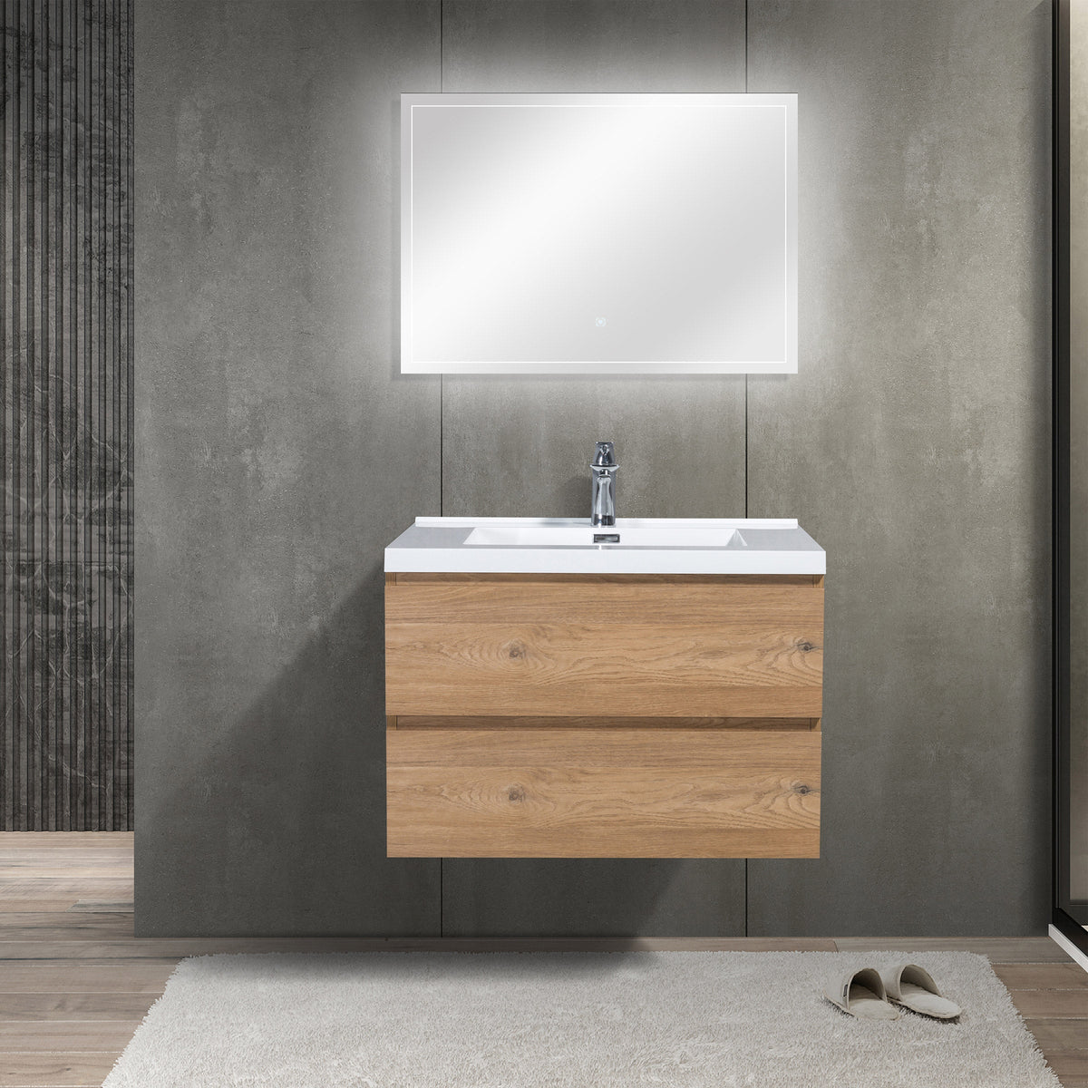 SERA CAPRI Textured Oak Finish Wall-Hung Vanity with Glossy White Polymarble Countertop