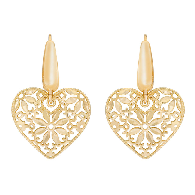 Heart Flower Dangle Earrings in Yellow Gold M0