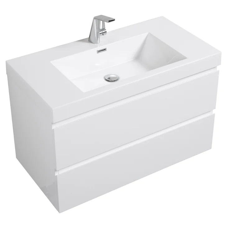SERA CAPRI Glossy White Wall-Hung Vanity with Glossy White Polymarble Countertop