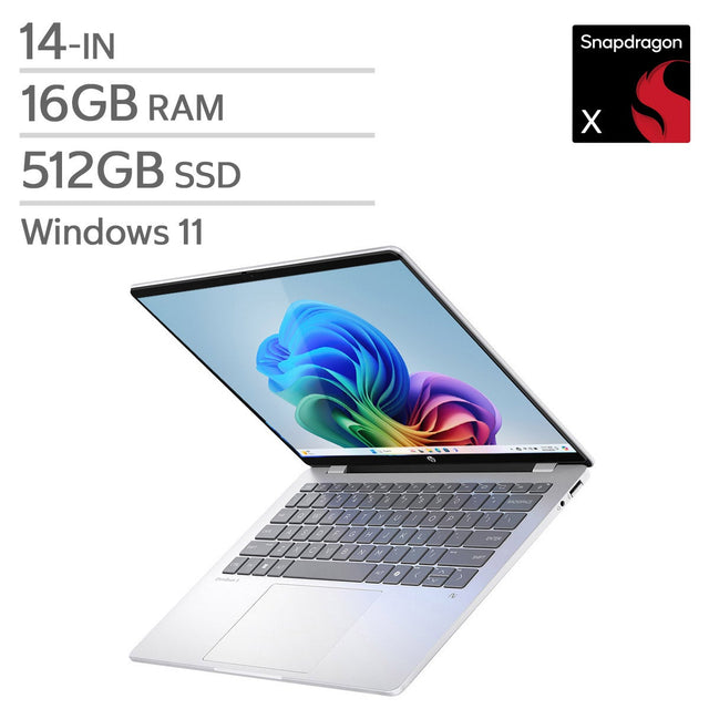 HP OmniBook 5 14-in Copilot+ OLED Laptop, Snapdragon X X1-26-100, 16 GB RAM, 512 GB SSD, Qualcomm Adreno F3