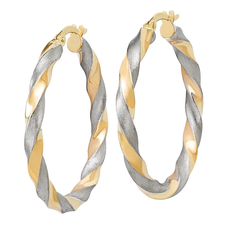 Diamond Cut Twisted Hoop Earrings in Two Tone Gold
