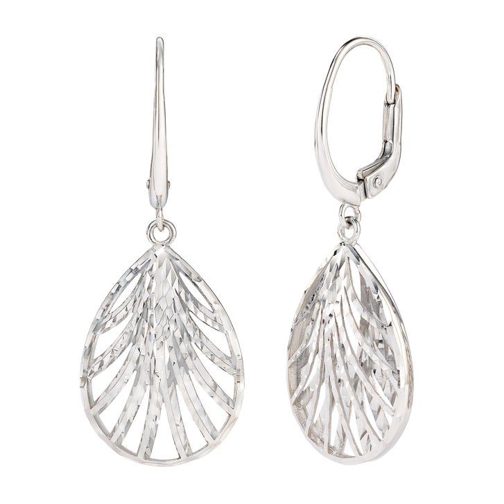 Diamond Cut Leaf Design Dangle Earrings in White Gold