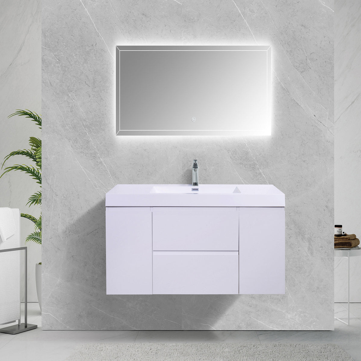 SERA CAPRI Glossy White Wall-Hung Vanity with Glossy White Polymarble Countertop
