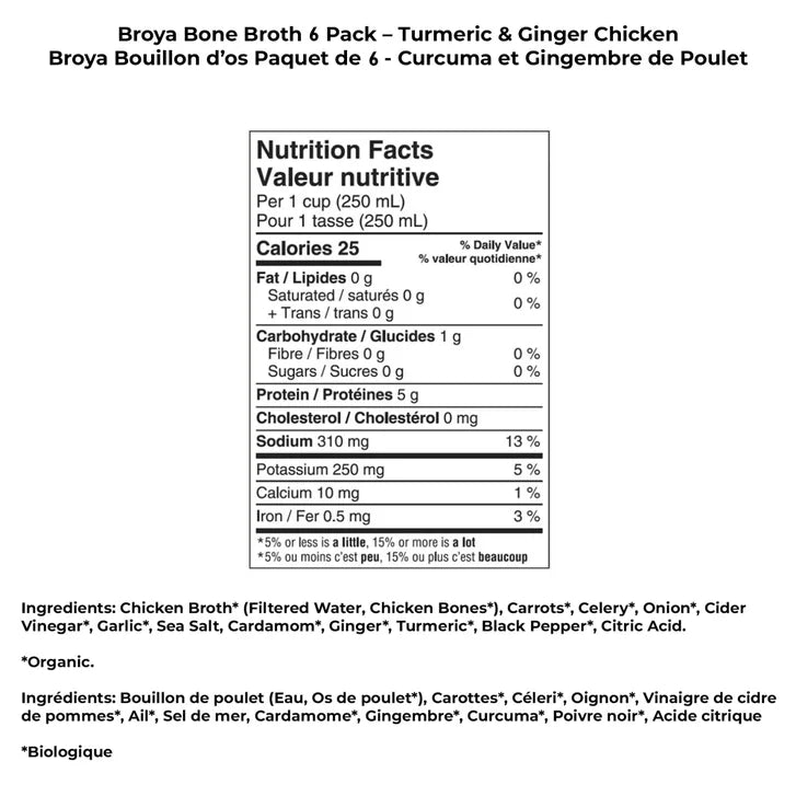 Broya Organic Bone Broth Turmeric & Ginger Chicken, 6 × 500 mL