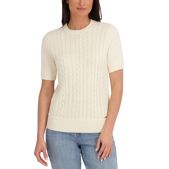 Halston Women's Short Sleeve Cotton Cable Sweater R1