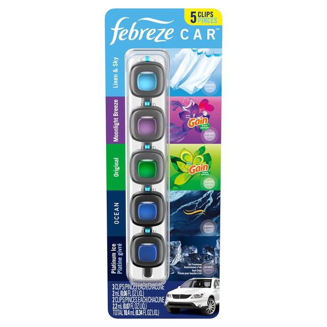 Febreze Car Odor-Fighting Air Freshener Vent Clip, Mixed Pack, 2.2ml, 5 count O7