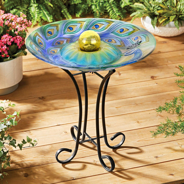 Solar ORB Peacock Glass Bird Bath with Stand B2