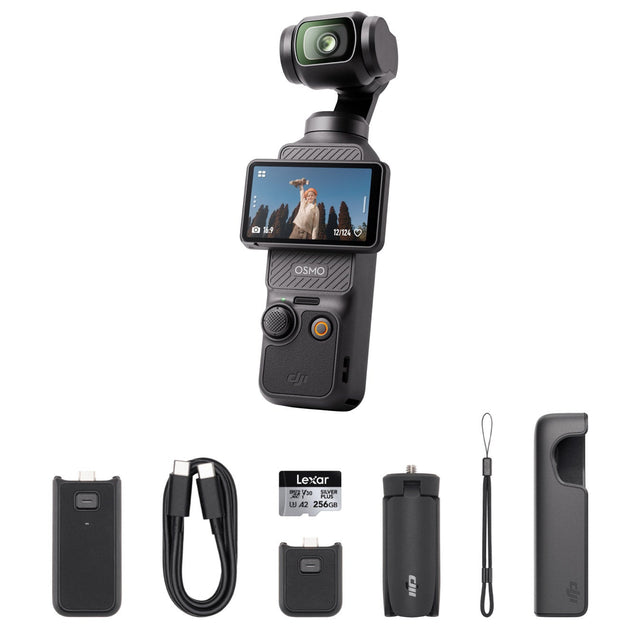 DJI Osmo Pocket 3 Action Camera Bundle with Lexar Silver Plus 256GB SD Card and Battery Handle A4