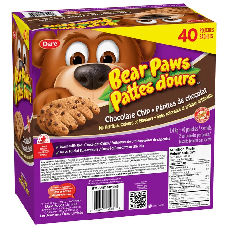 Dare Bear Paws Chocolate Chip Cookies, 40 Pouches
