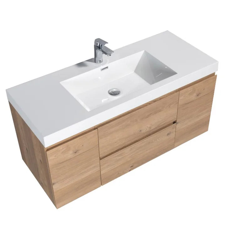 SERA CAPRI Textured Oak Finish Wall-Hung Vanity with Glossy White Polymarble Countertop