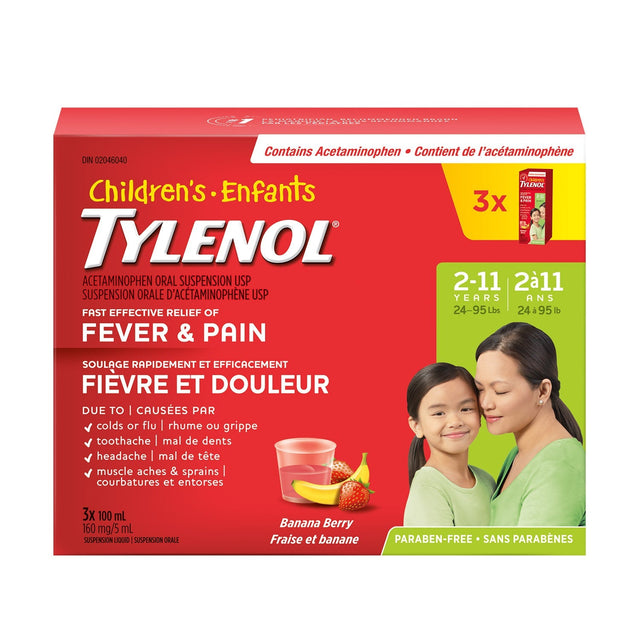 Tylenol Children's Pain Reliever Banana Berry Liquid, 3 x 100 mL Q1