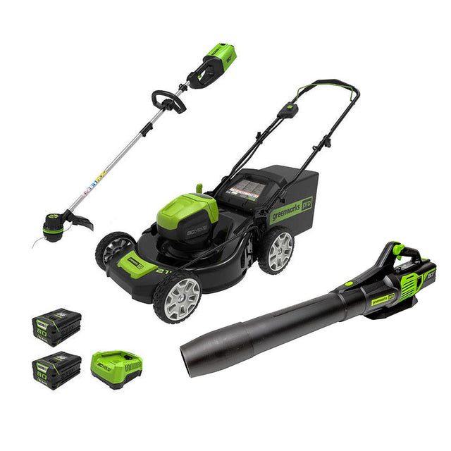 Greenworks 80V TRIO Combo 21-in Brushless Push Mower & 16-in Brushless String Trimmer & 730 CFM - 170 MPH Brushless Blower Combo, (2) 2.0Ah Batteries and 4A Rapid Charger Included R3