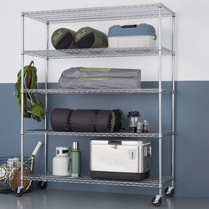 TRINITY 5-Tier Chrome Wire Shelving Rack With Wheels, 60" x 24" x 72"