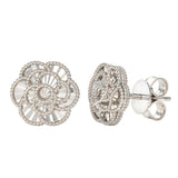 Diamond Cut Textured Flower Stud Earrings in White Gold