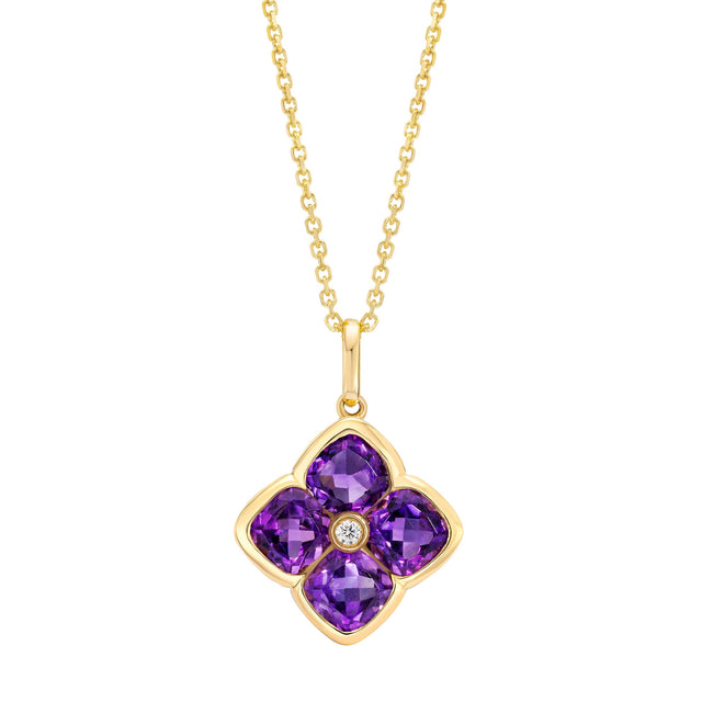 Cushion Cut Amethyst and Diamond Flower Pendant (0.01 ctw) G5
