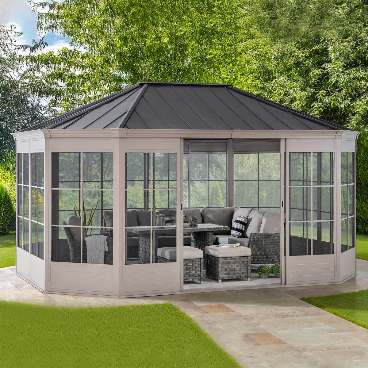 Sunjoy 12 ft. x 16 ft. Cape Blue Hardtop Screenhouse