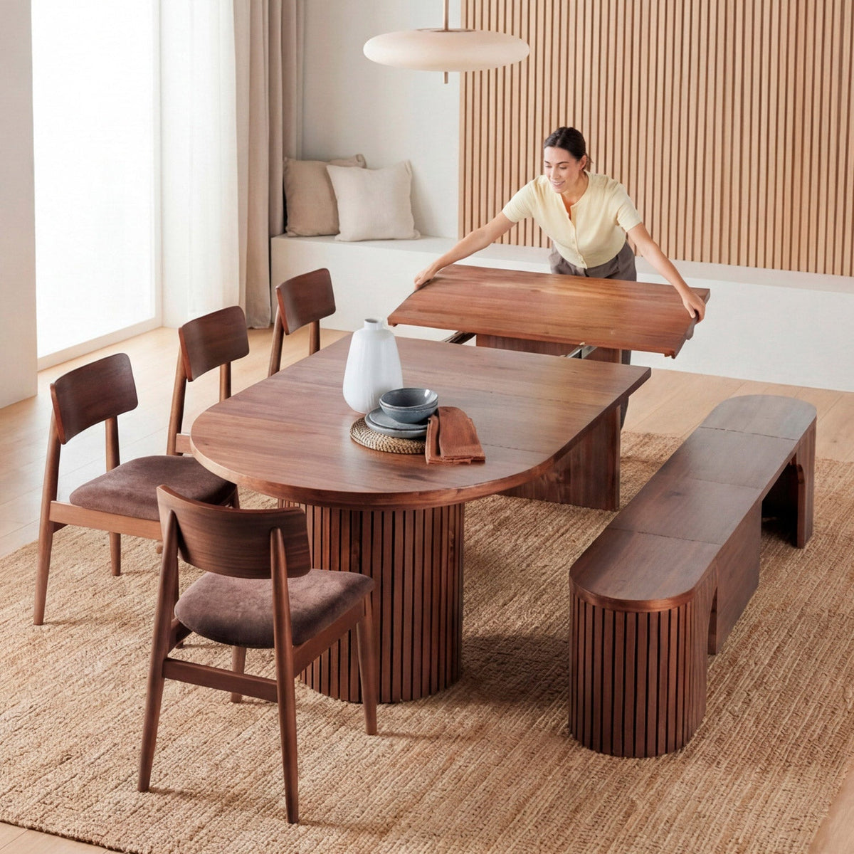 Round Transformer Table with Bench and 4 Chairs