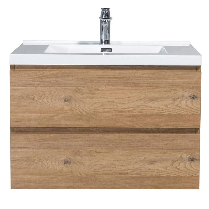 SERA CAPRI Textured Oak Finish Wall-Hung Vanity with Glossy White Polymarble Countertop