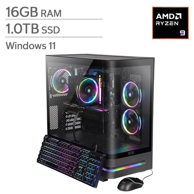 Acer Nitro 85 Gaming Desktop, AMD Ryzen 9 9900X- 16GB RAM, 1 TB SSD, 16GB AMD Radeon RX 9070 XT C8
