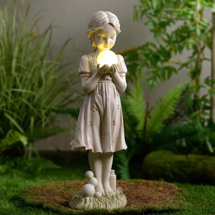 Girl Holding Bubble Lighted Garden Statue Solar Powered LEDs