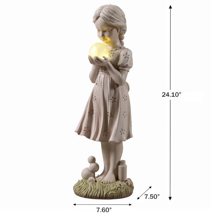 Girl Holding Bubble Lighted Garden Statue Solar Powered LEDs