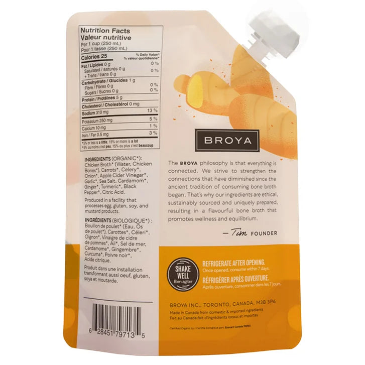 Broya Organic Bone Broth Turmeric & Ginger Chicken, 6 × 500 mL