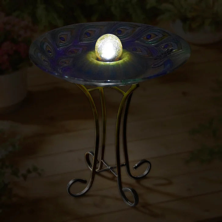 Solar ORB Peacock Glass Bird Bath with Stand